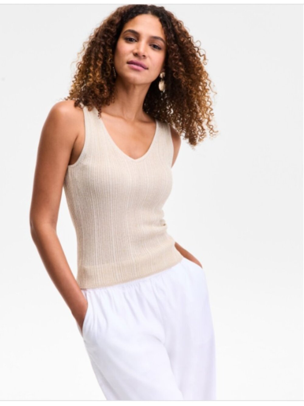 I.n.c. International Concepts Women's Ribbed Sleeveless V-Neck Tank Beige W Gold